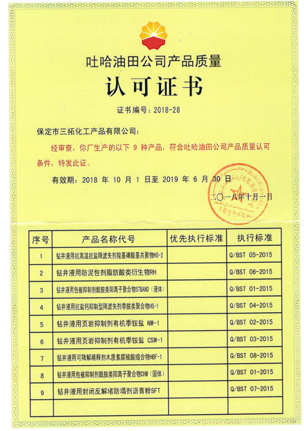 吐哈质量认可证